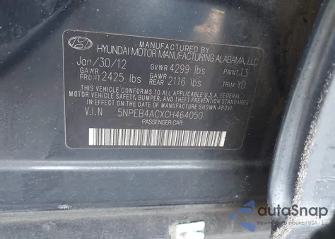 2012 Hyundai Sonata Gls from USA, damaged, VIN 5NPEB4ACXCH464050